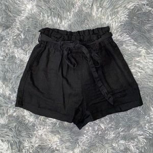Black Linen Tie Front Shorts